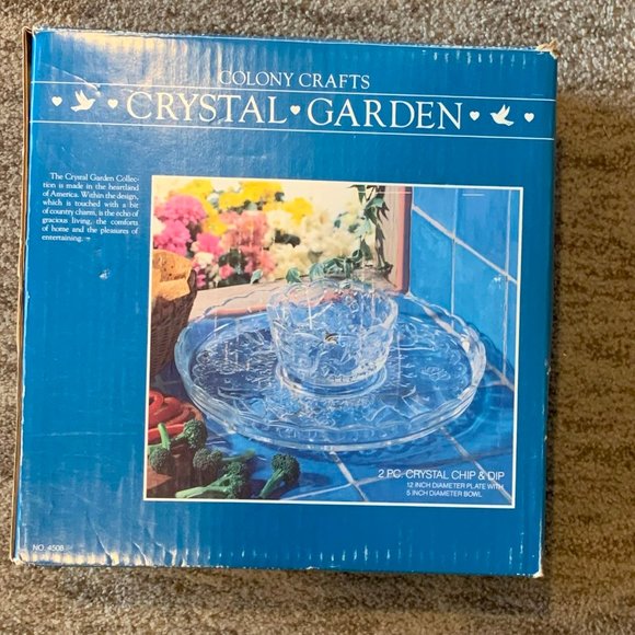 VINTAGE COLONY CRAFTS CRYSTAL GARDEN 2 PIECE CHIP & DIP, NEW IN BOX - Picture 1 of 3